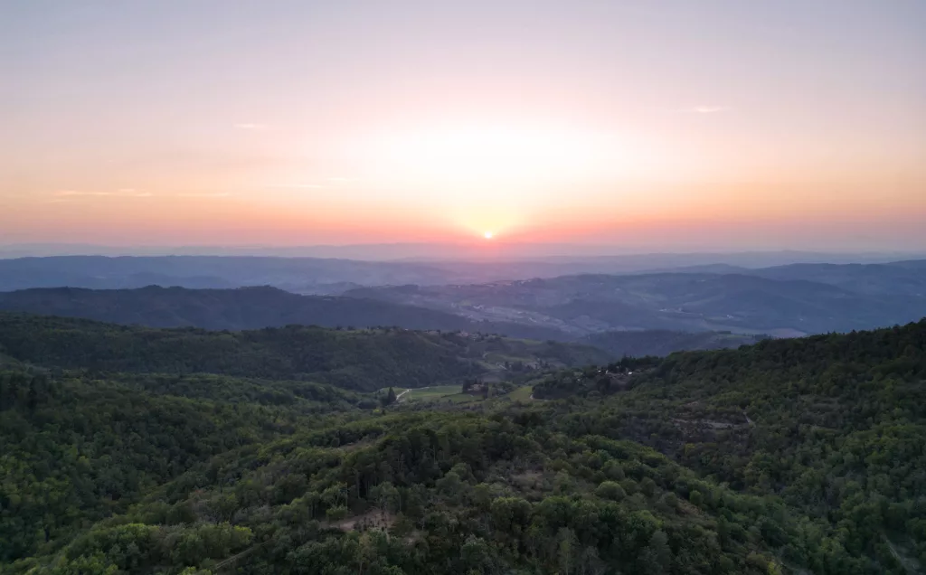 coucher de soleil sur les collines et forêts